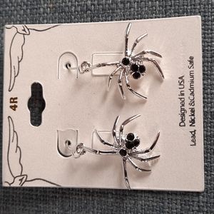 Earrings Silver Spider Fish Hook Dangle Black Crystal Accent Fun Halloween